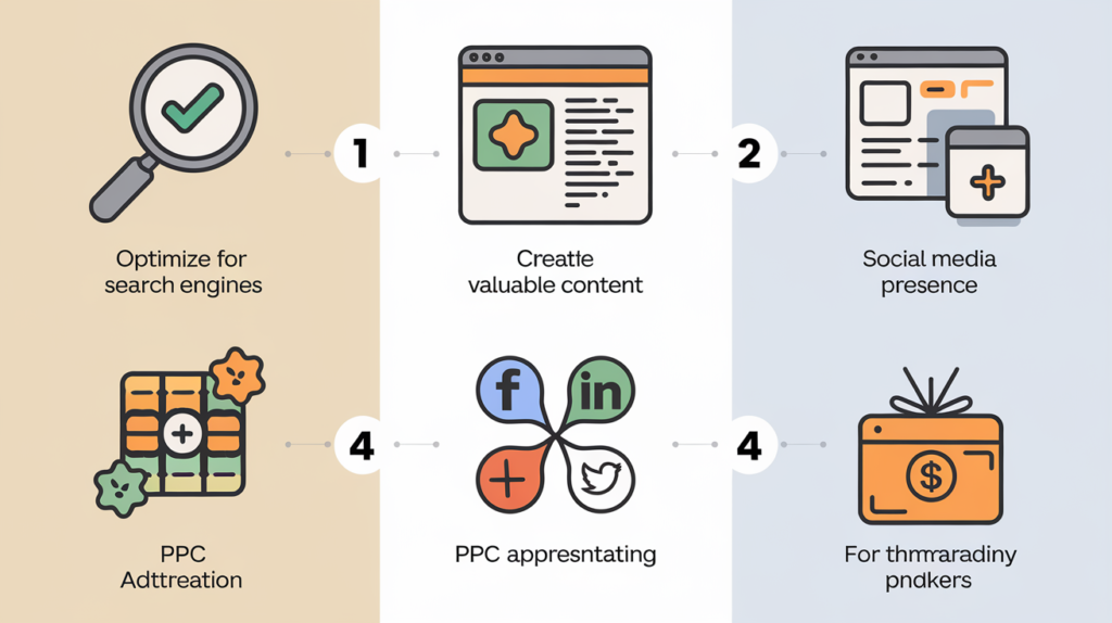 Infographic outlining key strategies for increasing online visibility, including SEO, content marketing, social media presence, PPC advertising, and email marketing, illustrated with icons and visual representations.