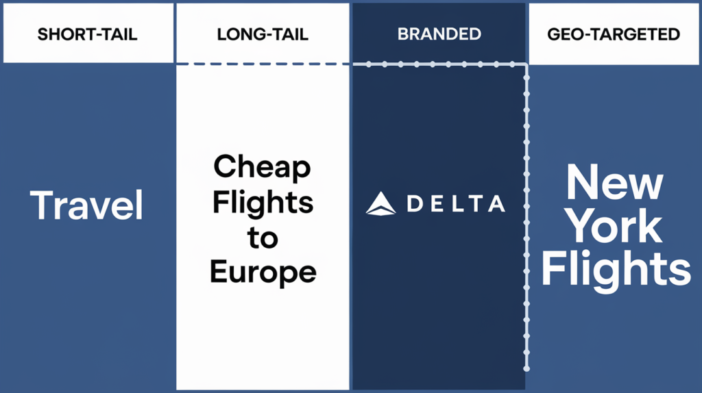 Visual representation of different types of keywords categorized in a chart format, showcasing short-tail keywords, long-tail keywords, branded keywords, and geo-targeted keywords, with examples and colorful graphics.